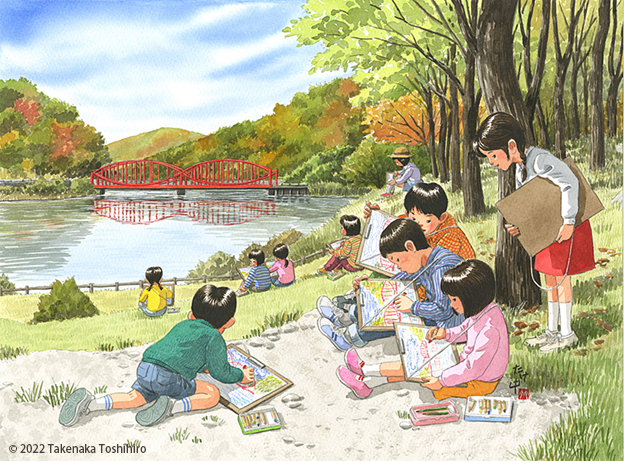 懐かしいふるさと,日本の四季の子ども,童画カレンダーイラスト